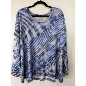 CJ Banks Plus Size Long Sleeved Blues Print Top W Rhinestones Size 1X